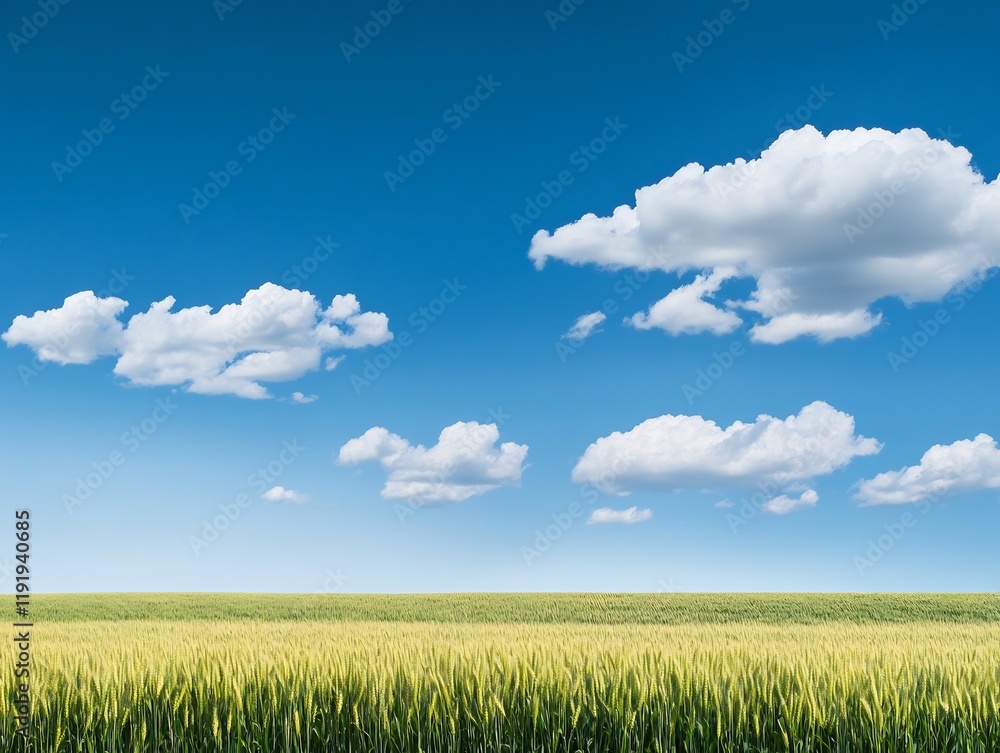 Serene summer wheat field basks under vibrant blue sky dotted with fluffy clouds. AI Generated Serene summer wheat field basks under vibrant blue sky dotted with fluffy clouds. AI Generated