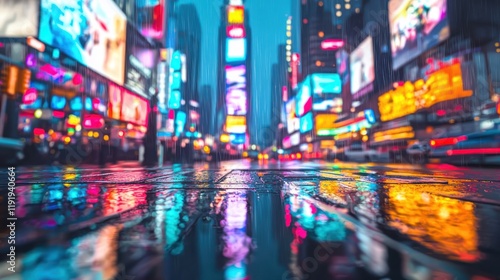 Rainy Night in Times Square, NYC: Vibrant Reflections on Wet Pavement