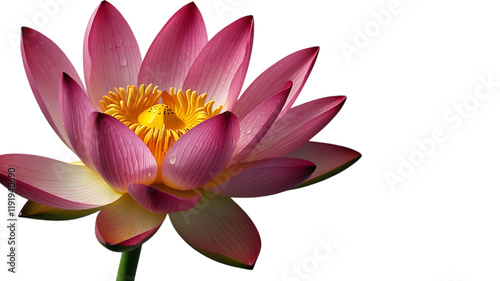 A lotus flower in full bloom with pink petals and a golden center.