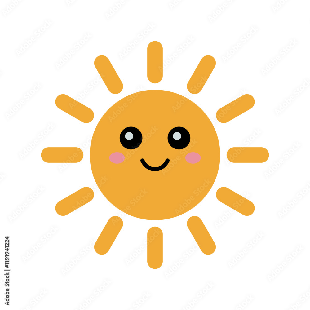 A cheerful yellow sun vector illustration with a smiling face, round eyes, pink cheeks, and radiating rays. Perfect for weather, summer, or happy theme A cheerful yellow sun vector illustration with a smiling face, round eyes, pink cheeks, and radiating rays. Perfect for weather, summer, or happy theme