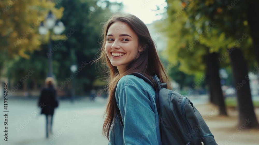Smiling Girl Walking in a Park, Autumn Day Smiling Girl Walking in a Park, Autumn Day