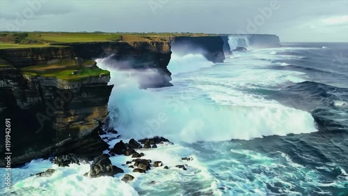 A video showcases a dramatic coastal view with a cliff face meeting crashing waves. photo