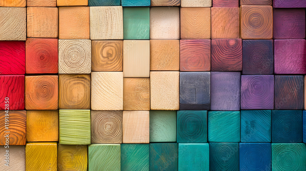 Colorful Wooden Blocks in Rainbow Gradient with Unique Textures Colorful Wooden Blocks in Rainbow Gradient with Unique Textures