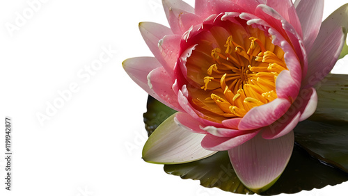 A single pink lotus flower with a yellow center, surrounded by green leaves, set against a plain white background.