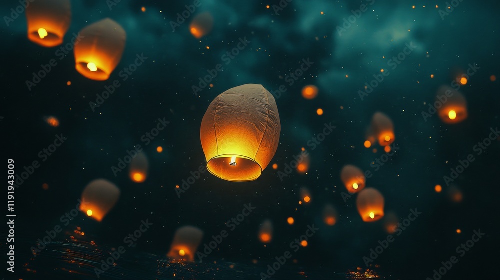 Obraz premium Many glowing sky lanterns rise into dark night sky - ai