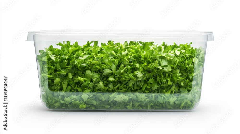 Fresh chopped parsley in clear plastic container, ready for cooking or garnishing dishes. Perfect for adding flavor and color to meals Fresh chopped parsley in clear plastic container, ready for cooking or garnishing dishes. Perfect for adding flavor and color to meals