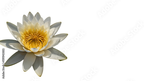 A water lily isolated on a white background. The water lily has white petals and a yellow center with copy space.