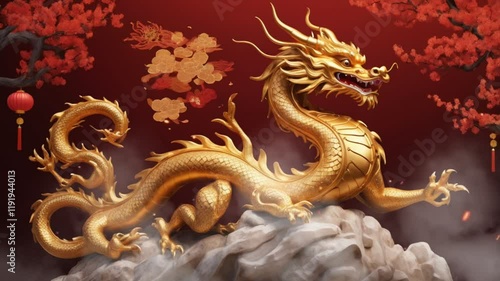 Wallpaper Mural Beautiful golden dragon statue Chinese New Year celebration. Smooth 4k looping video Torontodigital.ca