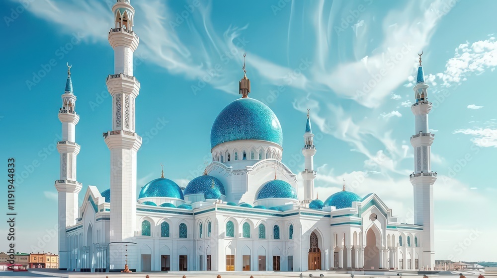 Fototapeta premium A grand mosque featuring blue domes and tall minarets against a bright sky.