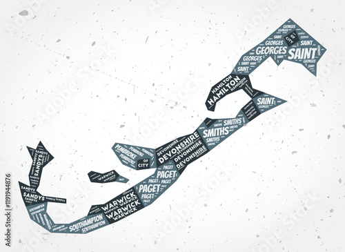 Bermuda regions word clouds. Country shape on textured background. Bermuda design in typographic style. Beautiful vector illustration.