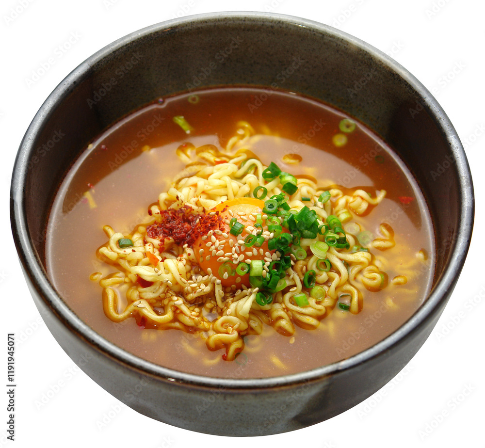 Korean Spicy Ramen Noodle Soup with Egg and Garnishes Korean Spicy Ramen Noodle Soup with Egg and Garnishes