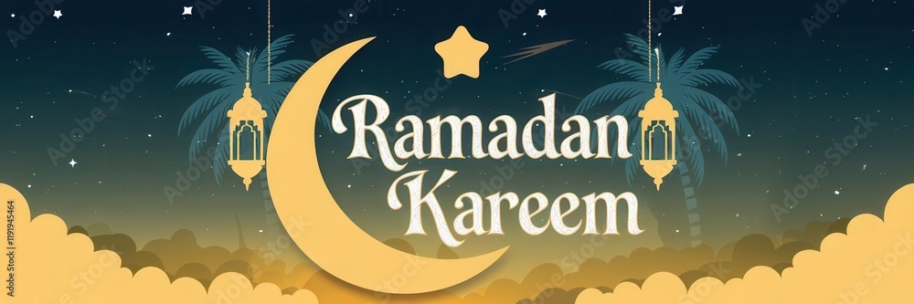 Ramadan Kareem Night Scene with Crescent Moon and Lanterns Ramadan Kareem Night Scene with Crescent Moon and Lanterns