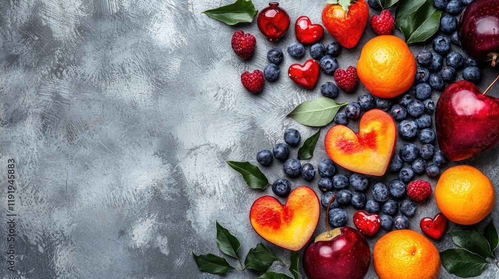 Heart-shaped fruit, berries, healthy food, background, recipe Heart-shaped fruit, berries, healthy food, background, recipe