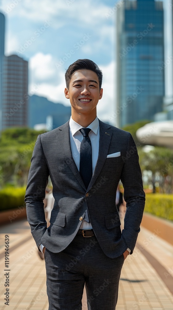 A cheerful young Asian man in a suit stands boldly in front of an office building with skyscrapers and a clear blue sky in the backdrop. A cheerful young Asian man in a suit stands boldly in front of an office building with skyscrapers and a clear blue sky in the backdrop.