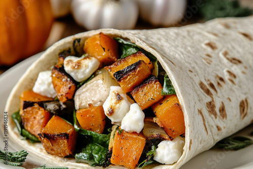 A gluten-free wrap with roasted veggies and goat cheese. (Generative AI)
