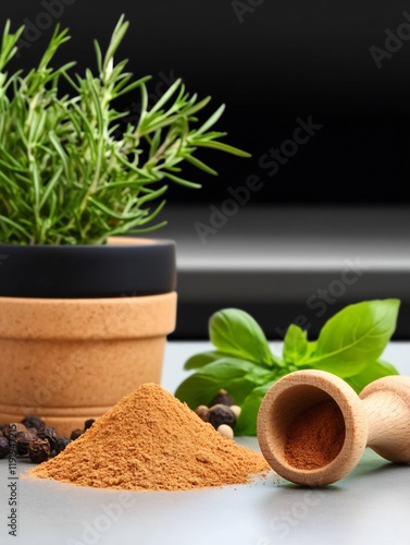 Warm spices fragrantly arranged still life. AI Generated photo