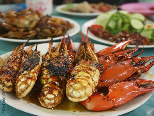 Variety of grilled seafood in Kota Kinabalu night market in Kota Kinabalu, Sabah Borneo, Malaysia. - ai photo