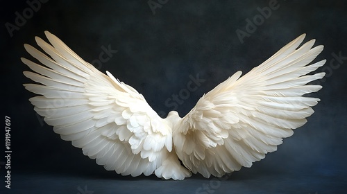 White dove wings spread, dark background, peace symbol, spiritual imagery, website design photo