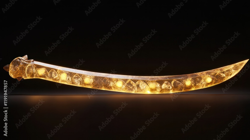 Obraz premium A 3D-rendered keris dagger with 7 elegant crystal curves, glowing edges illuminated with soft light, isolated on a dark background.