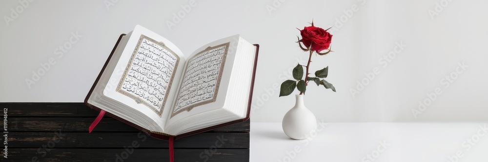 Obraz premium Quran Open Pages With Single Red Rose