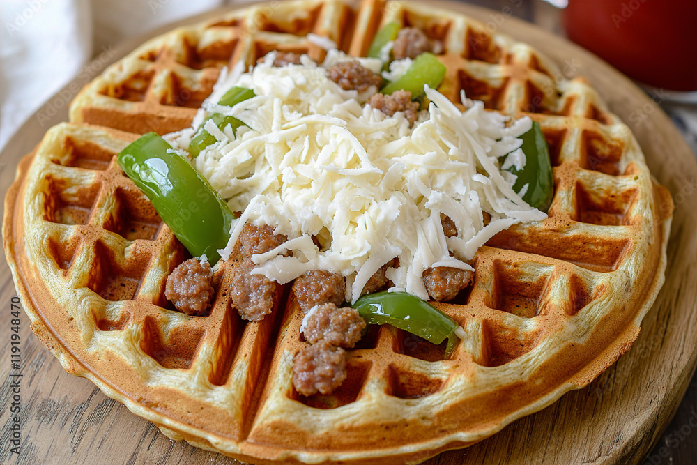 Fototapeta premium A top view of a pizza waffle with Italian sausage, peppers, and shredded mozzarella. (Generative AI)