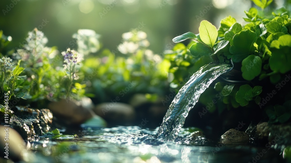 Serene Spring Water Flowing Through Lush Greenery Serene Spring Water Flowing Through Lush Greenery