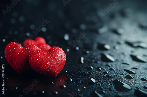 Romantic Red Hearts with Water Droplets on a Dark Reflective Surface for Valentine's Day