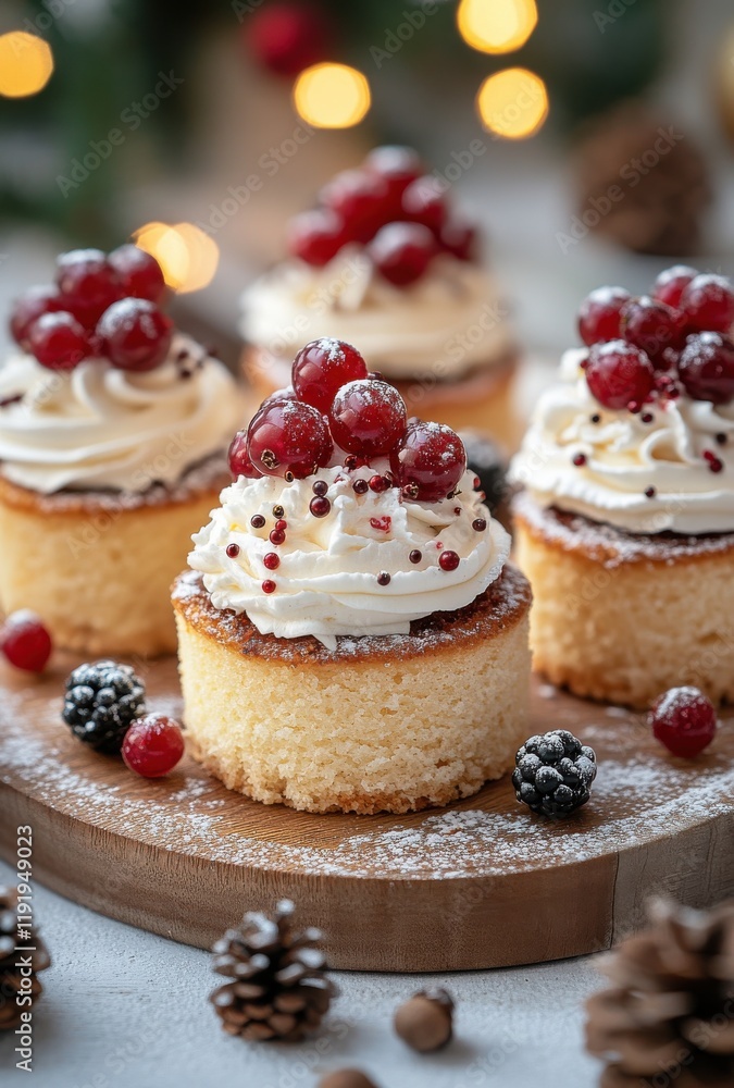 Delicious Vanilla Cupcakes Topped with Whipped Cream, Fresh Red Berries, and Sprinkles on a Rustic Wooden Platter for Festive Celebrations Delicious Vanilla Cupcakes Topped with Whipped Cream, Fresh Red Berries, and Sprinkles on a Rustic Wooden Platter for Festive Celebrations