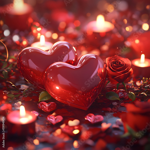 Romantic Valentine's Day Scene with Red Glass Hearts, Roses, and Candlelight Glow
