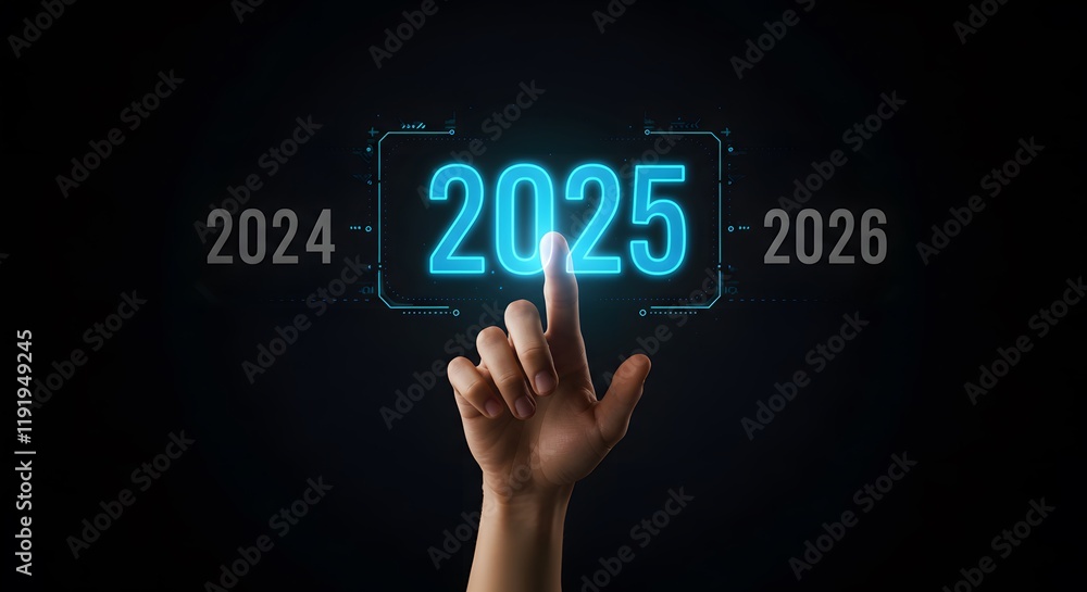 Countdown 2024 to 2025, Hand Selecting 2025 on Futuristic Interface.
Countdown 2024 to 2025, Hand Selecting 2025 on Futuristic Interface.