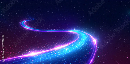 Vibrant Cosmic Trail of Neon Blue and Pink Light Streaming Across a Starry Night Sky in a Futuristic Space Scene