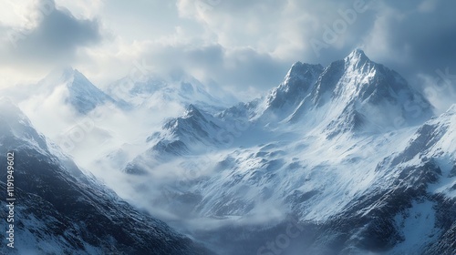 Wallpaper Mural Majestic Winter Mountain Range, Snow-Covered Peaks and Cloudy Sky Torontodigital.ca