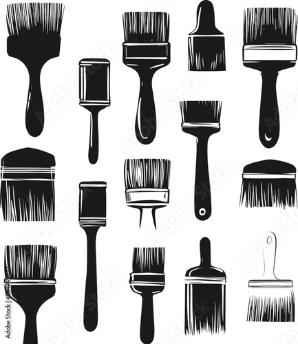 Paint Brushes Set - Black and White Vector Illustration