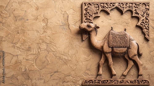 Wooden camel carving, ornate frame, desert background; travel, d?cor photo