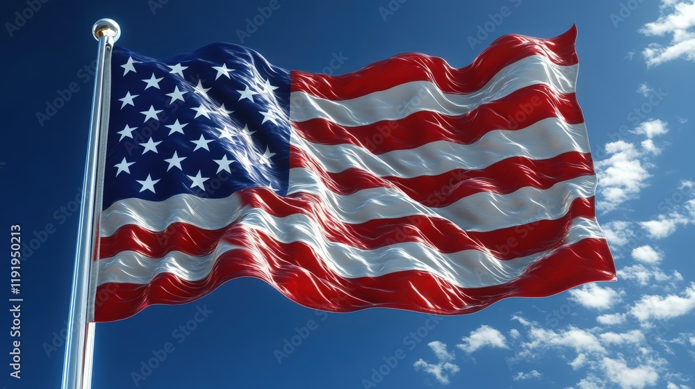Fototapeta premium American Flag Waving in Blue Sky