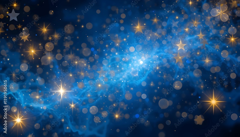 Sparkling Golden Stars on a Flowing Blue Background: A Magical Night-Themed Abstract Design