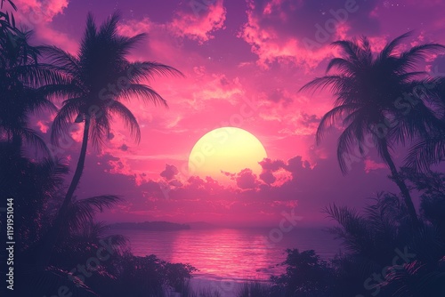 Beautiful sunset on the beach with palm trees silhouetted against a pink and purple sky, capturing tropical vibes in Hawaii.