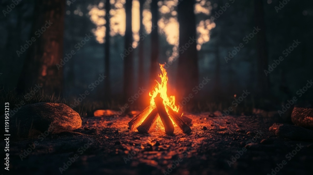 Campfire in the dark forest at night. Warm, inviting glow. Campfire in the dark forest at night. Warm, inviting glow.