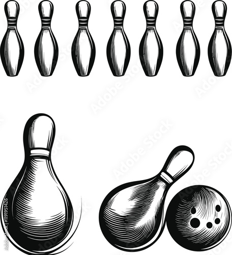 Bowling Pins and Ball - Vintage Vector Illustration