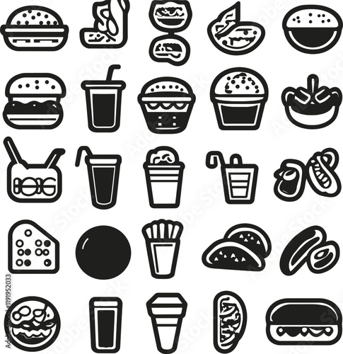 Fast Food Icons - Black and White Vector Illustration