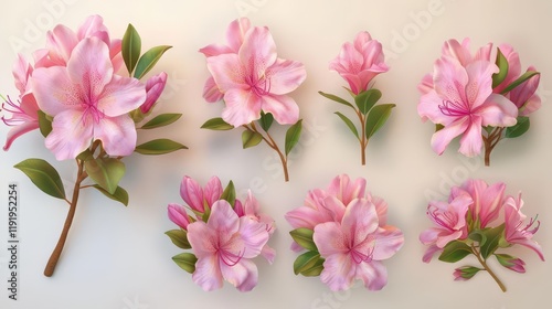 A collection of pink azalea flowers and leaves arranged artistically.