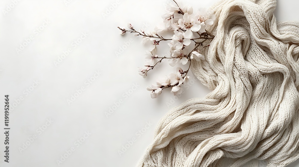 Naklejka premium Spring blossoms and knit fabric on white background; website header, blog post