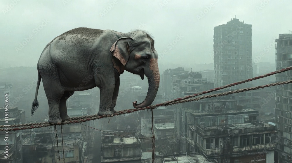 Naklejka premium Elephant on a Tightrope above a Cityscape