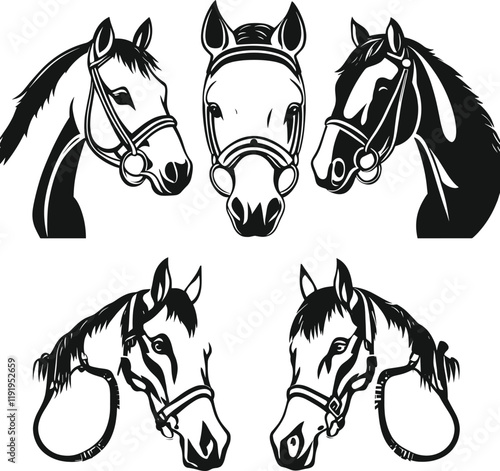 Horse Head Vector Set - Black and White Illustration