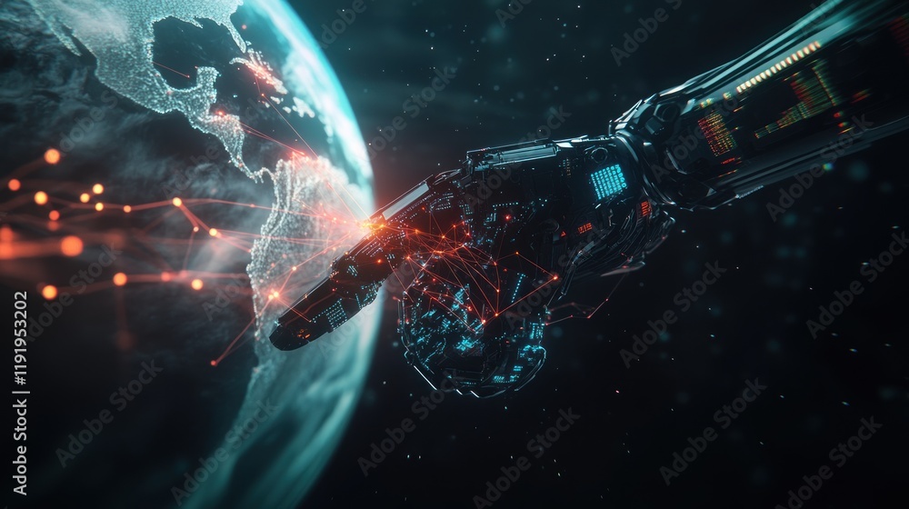 Robotic hand interacting with digital Earth. Robotic hand interacting with digital Earth.