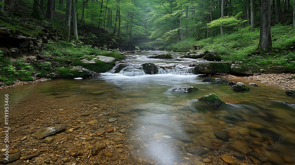 Fototapeta premium Serene forest stream flowing gently through rocks. Peaceful nature scene for travel brochures