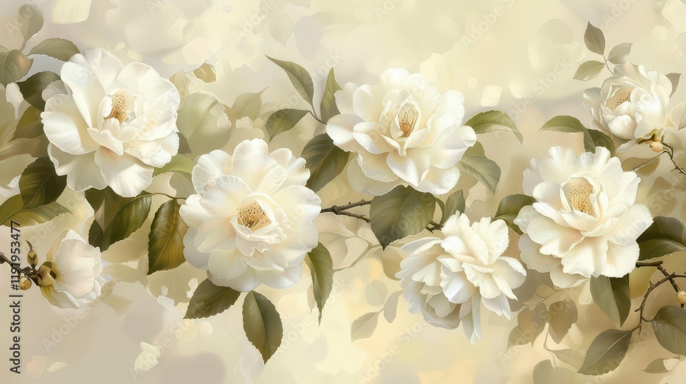 A serene arrangement of white flowers with soft green leaves on a gentle background. A serene arrangement of white flowers with soft green leaves on a gentle background.