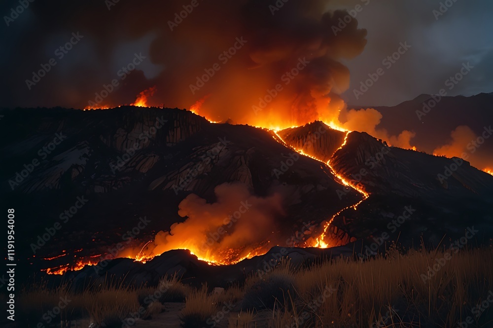Fototapeta premium Intense Wildfire Burning Across Hills With Dark Smoke And Bright Flames At Night