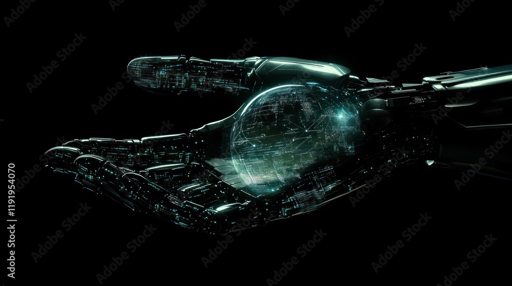 Robotic hand holding digital Earth globe. Robotic hand holding digital Earth globe.