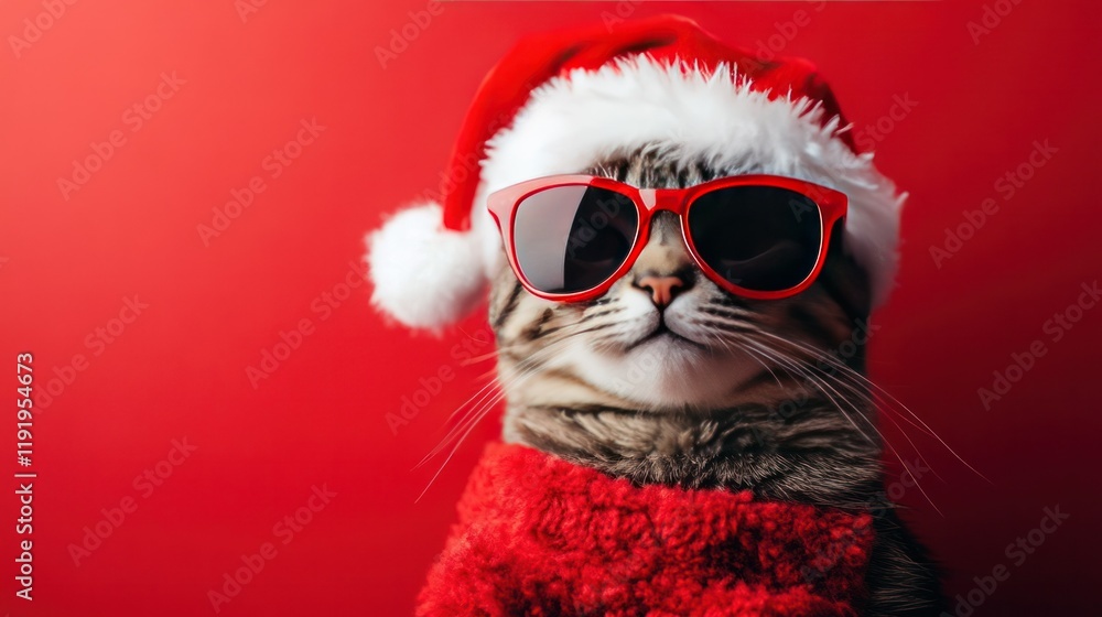 Cute cool cat in Christmas attire, wearing red sunglasses and a fluffy Santa Claus hat, isolated on a bright red festive backdrop. Cute cool cat in Christmas attire, wearing red sunglasses and a fluffy Santa Claus hat, isolated on a bright red festive backdrop.